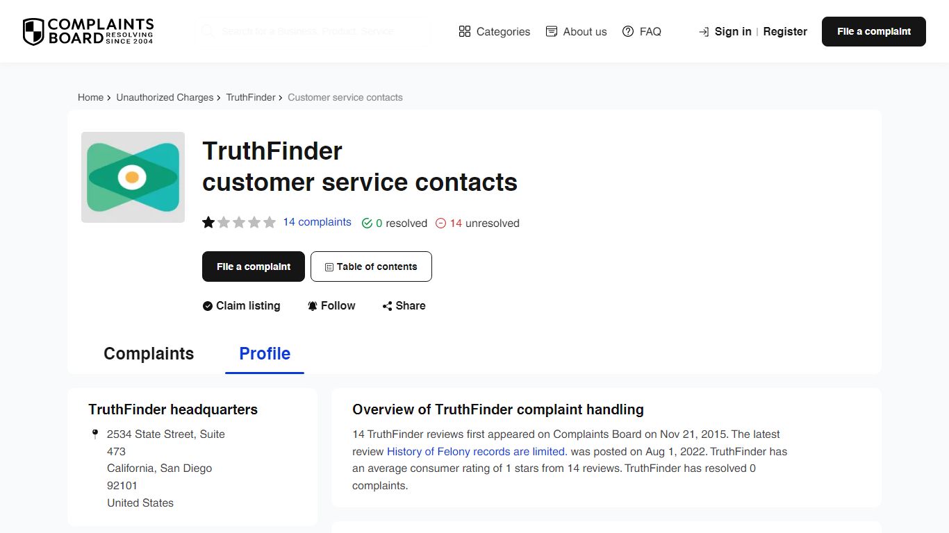 TruthFinder Contact Number, Email, Support, Information - Complaints Board